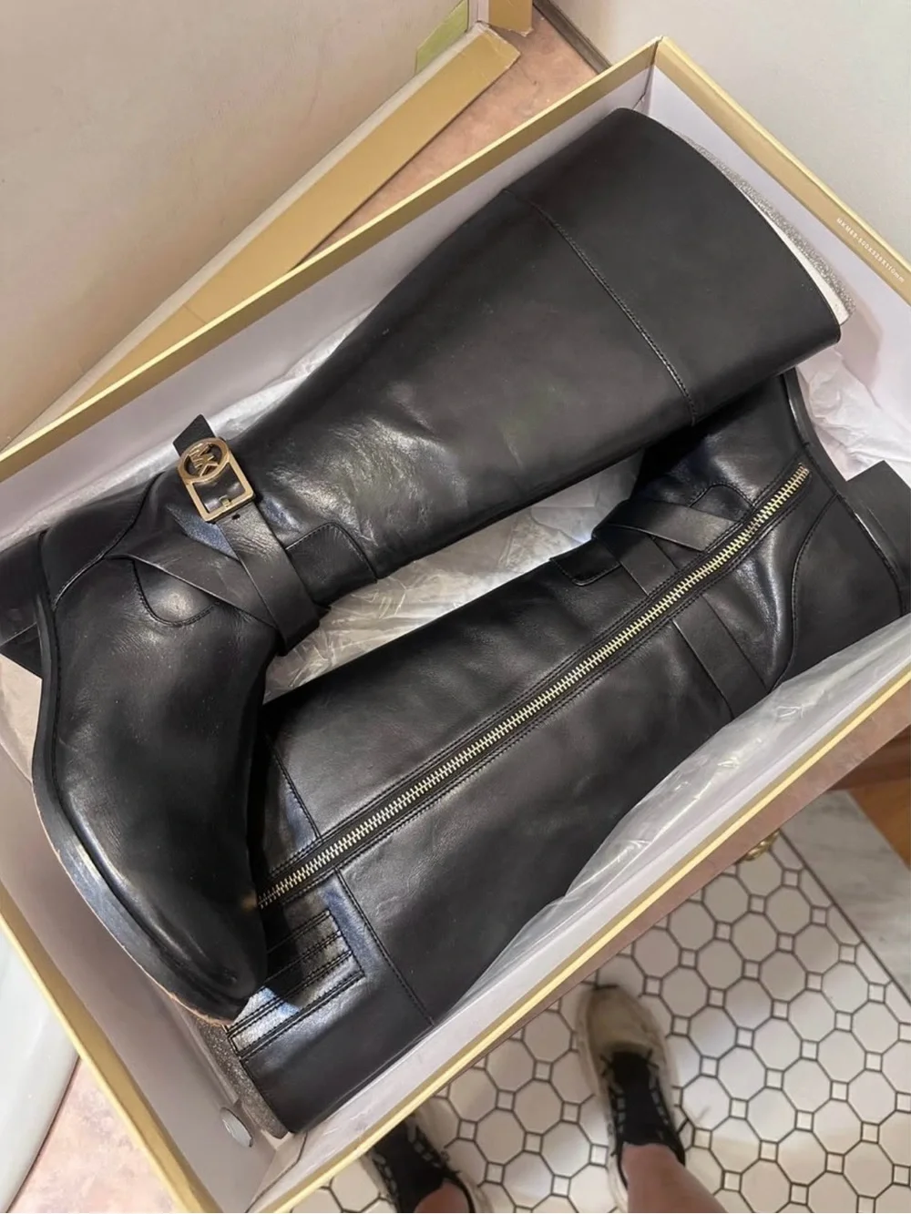 Michael Kors Black Leather Over-the-Knee Boots with MK Buckle